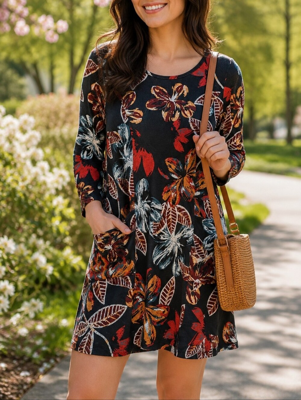 NWT Papillon Blanc Black Floral Long Sleeve Knit Shift Dress | Oversized Boho